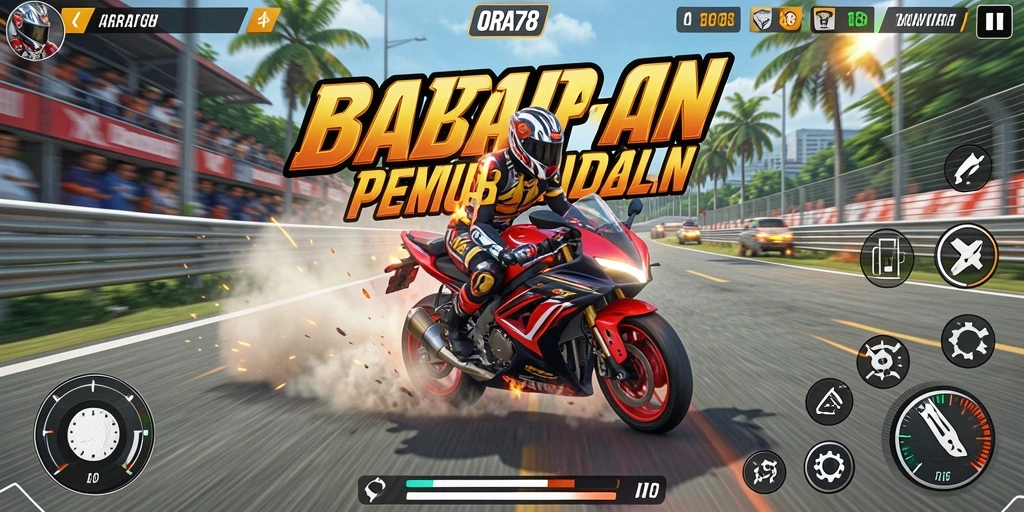 Tampilan gameplay balapan motor yang seru dan mendebarkan.