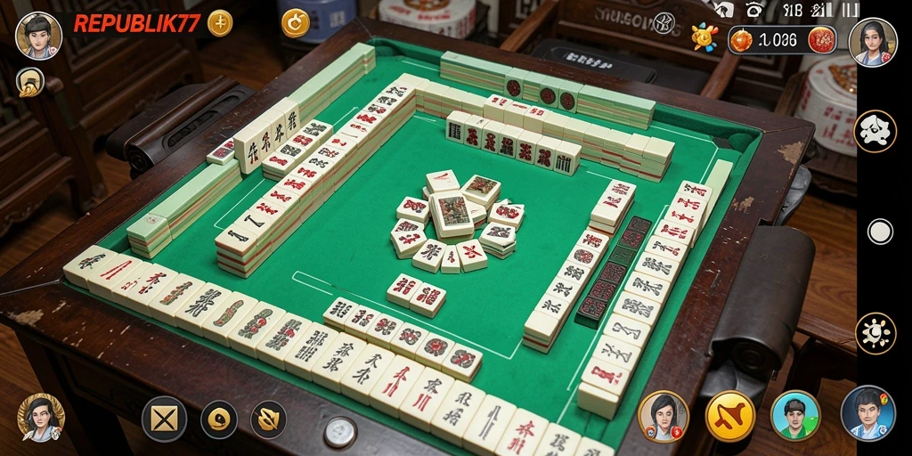 Tangkapan layar utama REPUBLIK77 menampilkan gameplay Mahjong yang seru.