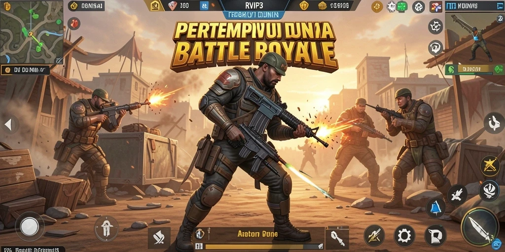 Screenshot gameplay RVIP3 menampilkan aksi tegang dalam pertarungan Battle Royale.